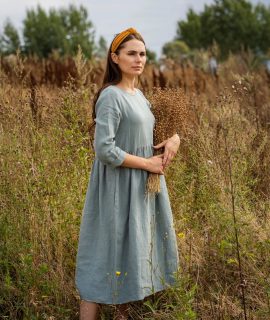 Linnen gesmokte midi jurk